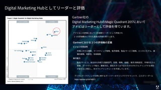 © 2017 Adobe Systems Incorporated. All Rights Reserved. Adobe Confidential.
 
 
•
•
デジタルマーケティング分野に関するガートナーのマジッククアドラントで、三たびリーダーに
https://adobe.ly/2sFA6EO
 