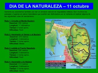 DIA DE LA NATURALEZA – 11 octubre
Santoña se caracteriza también por ser un enclave natural de inigualable belleza. Son muchos los
paisajes y lugares en plena naturaleza que podrán ser disfrutados por el visitante al realizar alguna de
las siguientes rutas de senderismo:
Ruta 1: Circuito al Monte Buciero
Desnivel: 250 metros
Longitud: 11 kilómetros
Tiempo:3 horas aprox.
Dificultas: Fácil
Ruta 2: Ascensión al Ganzo y al Buciero
Desnivel: 375 metros
Longitud: 4 kilómetros
Tiempo: 2 horas aprox.
Dificultad: Media
Ruta 3: subida al Fuerte Napoleón
Desnivel: 206 metros
Longitud: 5 kilómetros
Tiempo: 2 horas aprox.
Dificultad: Fácil
Ruta 4: Ascensión a la Atalaya
Desnivel: 313 metros
Longitud: 5 kilómetros
Tiempo: 2 horas aprox.
Dificultad: Media
 