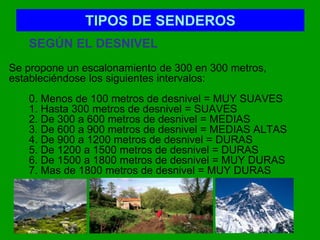 TIPOS DE SENDEROS
SEGÚN EL DESNIVEL
Se propone un escalonamiento de 300 en 300 metros,
estableciéndose los siguientes intervalos:
0. Menos de 100 metros de desnivel = MUY SUAVES
1. Hasta 300 metros de desnivel = SUAVES
2. De 300 a 600 metros de desnivel = MEDIAS
3. De 600 a 900 metros de desnivel = MEDIAS ALTAS
4. De 900 a 1200 metros de desnivel = DURAS
5. De 1200 a 1500 metros de desnivel = DURAS
6. De 1500 a 1800 metros de desnivel = MUY DURAS
7. Mas de 1800 metros de desnivel = MUY DURAS
 