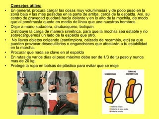 Consejos útiles: En general, procura cargar las cosas muy voluminosas y de poco peso en la zona baja y las más pesadas en la parte de arriba, cerca de la espalda. Así, su centro de gravedad quedará hacia delante y en lo alto de la mochila, de modo que al ponérnosla quede en medio de línea que une nuestros hombros. Dejar a mano sudadera, chubasquero, botiquínDistribuye la carga de manera simétrica, para que la mochila sea estable y no sobrecarguemos un lado de la espalda que otro. No lleves objetos colgando (cantimplora, calzado de recambio, etc) ya que pueden provocar desequilibrios o enganchones que afectarán a tu estabilidad en la marcha. Procurar que nada se clave en al espaldaEn rutas de varios días el peso máximo debe ser de 1/3 de tu peso y nunca mas de 20 kg.Protege la ropa en bolsas de plástico para evitar que se moje