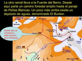 La otra ramal lleva a la Fuente del Berro. Desde aquí parte un camino forestal amplio hasta el paraje de Peñas Blancas. Un poco más arriba existe un depósito de aguas, denominado El Bunker.  Desde aquí se comienza a subir hacia el pico Camperón 