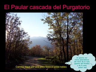 El Paular cascada del Purgatorio Camino sigue por una pista forestal entre robles Si quieres ver vistas panorámicas del inicio de la ruta (puente del Perdón) y de la zona pulsar aquí 