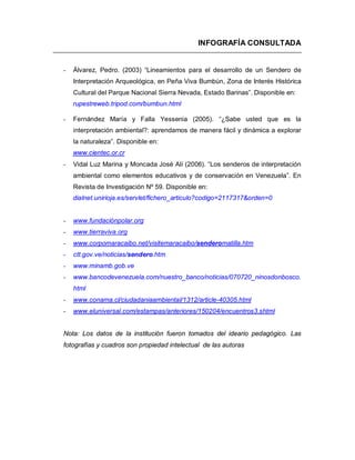INFOGRAFÍA CONSULTADA


-   Álvarez, Pedro. (2003) “Lineamientos para el desarrollo de un Sendero de
    Interpretación Arqueológica, en Peña Viva Bumbún, Zona de Interés Histórica
    Cultural del Parque Nacional Sierra Nevada, Estado Barinas”. Disponible en:
    rupestreweb.tripod.com/bumbun.html

-   Fernández María y Falla Yessenia (2005). “¿Sabe usted que es la
    interpretación ambiental?: aprendamos de manera fácil y dinámica a explorar
    la naturaleza”. Disponible en:
    www.cientec.or.cr
-   Vidal Luz Marina y Moncada José Alí (2006). “Los senderos de interpretación
    ambiental como elementos educativos y de conservación en Venezuela”. En
    Revista de Investigación Nº 59. Disponible en:
    dialnet.unirioja.es/servlet/fichero_articulo?codigo=2117317&orden=0


-   www.fundaciónpolar.org
-   www.tierraviva.org
-   www.corpomaracaibo.net/visitemaracaibo/senderomatilla.htm
-   ctt.gov.ve/noticias/sendero.htm
-   www.minamb.gob.ve
-   www.bancodevenezuela.com/nuestro_banco/noticias/070720_ninosdonbosco.
    html
-   www.conama.cl/ciudadaniaambiental/1312/article-40305.html
-   www.eluniversal.com/estampas/anteriores/150204/encuentros3.shtml


Nota: Los datos de la institución fueron tomados del ideario pedagógico. Las
fotografías y cuadros son propiedad intelectual de las autoras
 