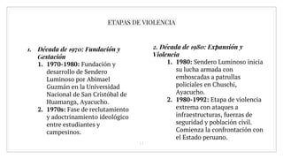 ETAPAS DE VIOLENCIA
1. Década de 1970: Fundación y
Gestación
1. 1970-1980: Fundación y
desarrollo de Sendero
Luminoso por Abimael
Guzmán en la Universidad
Nacional de San Cristóbal de
Huamanga, Ayacucho.
2. 1970s: Fase de reclutamiento
y adoctrinamiento ideológico
entre estudiantes y
campesinos.
2. Década de 1980: Expansión y
Violencia
1. 1980: Sendero Luminoso inicia
su lucha armada con
emboscadas a patrullas
policiales en Chuschi,
Ayacucho.
2. 1980-1992: Etapa de violencia
extrema con ataques a
infraestructuras, fuerzas de
seguridad y población civil.
Comienza la confrontación con
el Estado peruano.
11
 