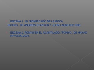      ESCENA 1 . EL SIGNIFICADO DE LA ROCA
    BICHOS , DE ANDREW STANTON Y JOHN LASSETER,1998.

    ESCENA 2. PONYO EN EL ACANTILADO .”PONYO , DE HAYAO
     MIYAZAKI,2008.
 