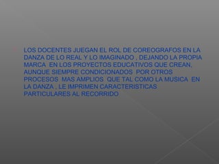    LOS DOCENTES JUEGAN EL ROL DE COREOGRAFOS EN LA
    DANZA DE LO REAL Y LO IMAGINADO , DEJANDO LA PROPIA
    MARCA EN LOS PROYECTOS EDUCATIVOS QUE CREAN,
    AUNQUE SIEMPRE CONDICIONADOS POR OTROS
    PROCESOS MAS AMPLIOS QUE TAL COMO LA MUSICA EN
    LA DANZA , LE IMPRIMEN CARACTERISTICAS
    PARTICULARES AL RECORRIDO
 