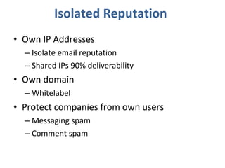Own IP Addresses Isolate email reputation Shared IPs 90% deliverability Own domain Whitelabel Protect companies from own users Messaging spam Comment spam Isolated Reputation