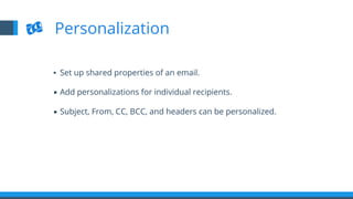 ▪  Set up shared properties of an email.
▪  Add personalizations for individual recipients.
▪  Subject, From, CC, BCC, and headers can be personalized.
Personalization
 