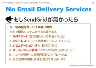 10
- 他一切の配信サービスが無い世界
- 自前で配信システムを作る必要がある
1. SMTPサーバ(配信量によって数台〜もっと)
2. IPアドレス(もちろん固定IPアドレス・たくさん)
3. レピュテーション(評判・日頃の行い)
4. メールアドレス管理(バウンスが発生しないように)
5. キューの管理・大規模遅延時のオペレーション
6. 配信速度の調整(低速配信ができるように)
もしSendGridが無かったら
No Email Delivery Services
SendGrid Night in Osaka #2 | 2017/09/07(木) R3 instituteさん
SendGridのない世界 @azumakuniyuki
 