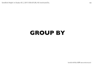 11
GROUP BY
SendGrid Night in Osaka #2 | 2017/09/07(木) R3 instituteさん
SendGridのない世界 @azumakuniyuki
 