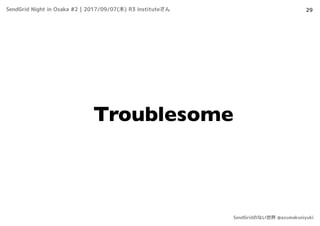 29
Troublesome
SendGrid Night in Osaka #2 | 2017/09/07(木) R3 instituteさん
SendGridのない世界 @azumakuniyuki
 