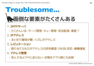 30
面倒な要素がたくさんある
Troublesome...
1. SMTPサーバ
- たくさんいる・サーバ管理・キュー管理・死活監視・資産？
2. IPアドレス
- まとめて確保が難・ハズレIPアドレス
3. レピュテーション
- 割り当てられたIPアドレスの評判確認・DNSBL対応・暖機運転
4. アドレス管理
- 死んでるメアドに送らない・状態をアプリ側にも反映
SendGrid Night in Osaka #2 | 2017/09/07(木) R3 instituteさん
SendGridのない世界 @azumakuniyuki
 