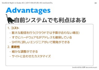 31
自前システムでも利点はある
Advantages
1. コスト
- 膨大な配信を行う(クラウドでは予算が合わない場合)
- すでにハードウェアもIPアドレスも確保している
- SMTPに詳しいエンジニアがいて開発ができる
2. 柔軟性
- 細かな調整ができる
- サイトに合わせたカスタマイズ
SendGrid Night in Osaka #2 | 2017/09/07(木) R3 instituteさん
SendGridのない世界 @azumakuniyuki
 