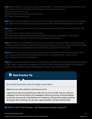 Step 1: Get details on the various types of authentication – implementing all three standards is the
best practice. You can find detailed information on the following websites:
DKIM: http : // ww w. dkim.org/
SenderID: http :// w ww.microsoft .com/senderid
SPF: http: // ww w.openspf.org

Step 2: Take stock of all systems that send your mail. Identify all machines that send mail for your company.
Next, determine the IP addresses (if you’re planning to use SPF or SenderID) and sending domains used.

Step 3: Create your authentication records. There are excellent online tools available for SenderID, SPF
and DKIM.
Sender ID: http :// ww w.microsoft. com /senderid
SPF: http://docs.sendgrid.com/docs/email-deliverability/spf-records-voila-validation-verisimilitude/
DKIM: http: //docs .sendgrid. com/documentation/apps/domain-keys/

Step 4: Publish your authentication records. If you are using SPF, SenderID or DKIM, work with whoever
manages your DNS records to publish the email authentication records you’ve collected. The actual publish-
ing is easy; finding the responsible party who controls your DNS may be the tricky part.

Step 5: Set up your mail server to sign outbound email with DKIM. DKIM requires that your MTA
have the appropriate software implementation to sign all outgoing emails. Learn more at:
http: //ww w.sendmail. com/sm/wp/dkim/

Step 6: Test your authentication records. SPF, SenderID, and DKIM provide options to publish your records
in “test” mode. This provides the opportunity for testing without risking delivery failures. The following re-
sources can also help you test your DKIM signed messages: http://testing.dkim.org/



               Best Practice Tip


   Avoid phishing phrases that will trigger spam filters.

   Make sure your data collection practices are sound.
   A good way to start is to quarantine your data until you know it’s safe. Use your welcome
   message or even the first three to five messages to ferret out bounces, ill-formed address-
   es and even sources with a high likelihood of complaining. With good list hygiene practices
   and regular data monitoring, you can earn a good reputation and high delivered rates.



     What’s next? Your Emails – are they good enough to get in?

SendGrid Deliverability Guide                                                                                 p6

Everything You Need to Know About Delivering Email through Your Web Application                      sendgrid.com
 