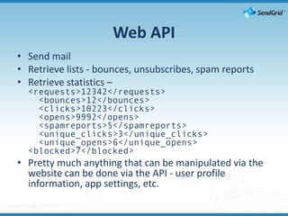 Web APISend mailRetrieve lists - bounces, unsubscribes, spam reportsRetrieve statistics – <requests>12342</requests>  <bounces>12</bounces>  <clicks>10223</clicks>  <opens>9992</opens>  <spamreports>5</spamreports>  <unique_clicks>3</unique_clicks>  <unique_opens>6</unique_opens><blocked>7</blocked>Pretty much anything that can be manipulated via the website can be done via the API - user profile information, app settings, etc.