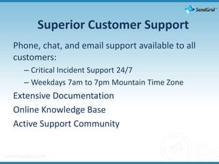 Superior Customer SupportPhone, chat, and email support available to all customers:Critical Incident Support 24/7Weekdays 7am to 7pm Mountain Time Zone Extensive DocumentationOnline Knowledge BaseActive Support Community 