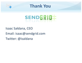 Isaac Saldana, CEO
Email: isaac@sendgrid.com
Twitter: @isaldana
Thank You
 