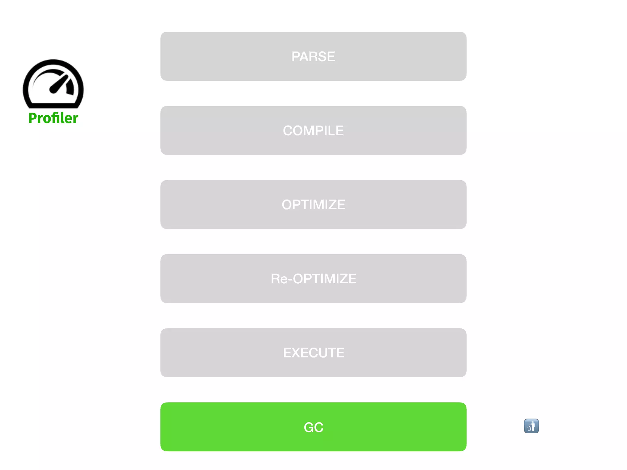PARSE
COMPILE
OPTIMIZE
Re-OPTIMIZE
EXECUTE
GC
Proﬁler
🚮
 