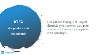 67%
des paniers sont
abandonnés
Considérant l’énergie et l’argent
dépensés (via Adwords, etc.) pour
amener vos visiteurs à leur panier,
c’est dommage…
 