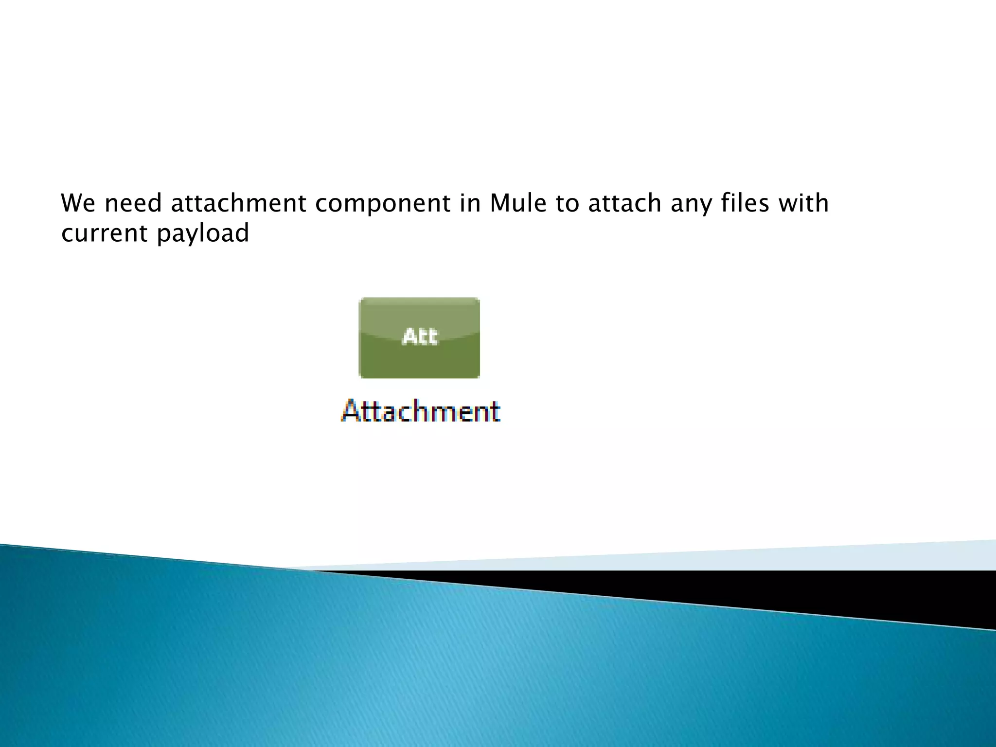 We need attachment component in Mule to attach any files with
current payload
 