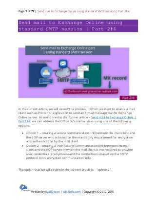 Page 1 of 22 | Send mail to Exchange Online using standard SMTP session | Part 2#4
Written by Eyal Doron | o365info.com | Copyright © 2012-2015
Send mail to Exchange Online using
standard SMTP session | Part 2#4
In the current article, we will review the process in which we want to enable a mail
client such as Printer or application to send an E-mail message via the Exchange
Online server. As mentioned in the former article – Send mail to Exchange Online |
Part 1#4, we can address the Office 365 mail services using one of the following
options:
 Option 1 – creating a secure communication link between the mail client and
the EOP server who is based on the mandatory requirement for encryption
and authentication by the mail client.
 Option 2 – creating a “non-secure” communication link between the mail
client and the EOP server in which the mail client is not required to provide
user credentials (anonymous) and the connection is based on the SMTP
protocol (non-encrypted communication link).
The option that we will review in the current article is – “option 2″.
 