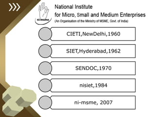 CIETI,NewDelhi,1960
SIET,Hyderabad,1962
SENDOC,1970
nisiet,1984
ni-msme, 2007
 