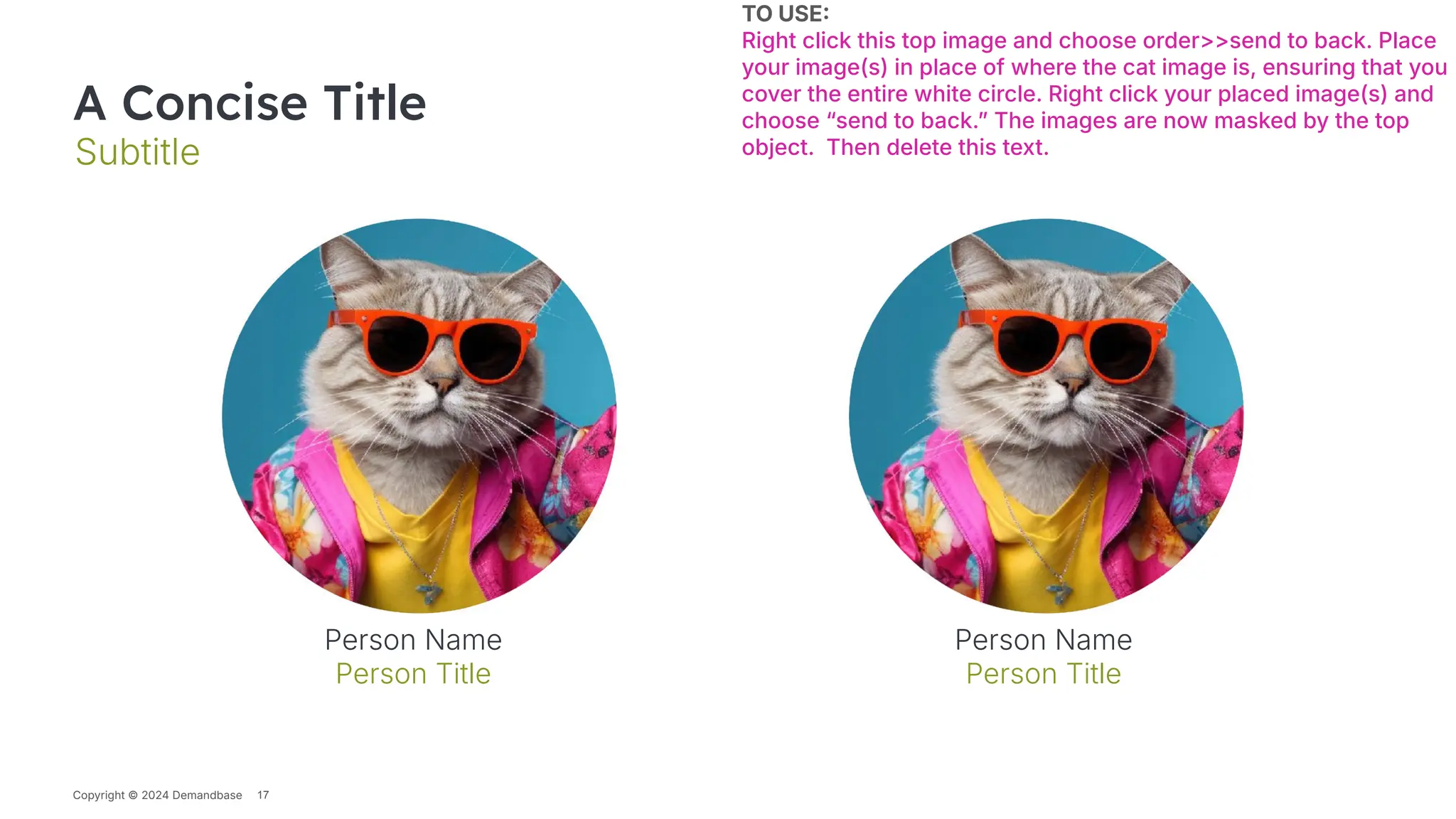 Copyright © 2024 Demandbase
A Concise Title
Subtitle
TO USE
Right click this top image and choose order>>send to back. Place
your image(s) in place of where the cat image is, ensuring that you
cover the entire white circle. Right click your placed image(s) and
choose “send to back.ˮ The images are now masked by the top
object. Then delete this text.
Person Name
Person Title
Person Name
Person Title
17
Copyright © 2024 Demandbase
 