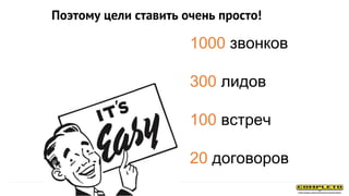 Поэтому цели ставить очень просто!
1000 звонков
300 лидов
100 встреч
20 договоров
 