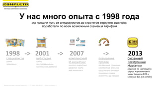У нас много опыта с 1998 года
мы прошли путь от специалистов до стратегов верхнего эшелона,
поработали по всем возможным схемам и тарифам
1998 -> 2001 -> 2007 -> 2013
cпециалисты
сайты
«реклама»
веб-студия
сайты
seo-продвижение
контекстная реклама
комплексный
И-маркетинг
контент-маркетинг
развитие сайта
веб-аналитика
повышение
продаж
посадочные страницы
контекстная реклама
продающие баннеры
генерация лидов
аналитика до продаж
Системный
Электронный
Маркетинг
решение по-настоящему
крутых маркетинговых
задач бизнесов B2B и
сложных B2C (не ритейл)
Маркетинговая группа Комплето | +7 (495) 640-89-97 | www.completo.ru
 