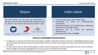 Unternehmenspräsentation
SendR SE I Stresemannstr. 375 I 22761 Hamburg I Deutschland I http://www.sendr.se
Independent Labels
(Lizenzgeber) (Lizenznehmer)
trategie:
Zukauf von
namhaften
Lizenzkatalogen/
Marktteilnehmern
Majors Indie Labels
Bedarf an unabhängigen Clearing-Häusern:
 Im Gegensatz zu dem allumfassenden Service der Majors vergeben Independent Labels vom Künstler unabhängige Dienstleistungen
wie beispielsweise Marketing, Promotion und Distribution oftmals an Dritte und benötigen somit die Dienste von Marktteilnehmern
wir SendR.
 Auf der anderen Seite der Wertschöpfungskette schließen führende Download- und Streaming-Plattformen wie iTunes und Spotify
lieber Verträge mit erfahrenen Aggregatoren als mit tausenden von einzelnen Musik-Labels.
Seit 1985 befindet sich der Markt der Musik-Labels im
Wandel. Auf Grund starker M&A-Aktivitäten ging die Anzahl
der „Majors“ von mehreren Dutzend auf nunmehr 3 zurück.
 Tausende Independent „Indie“ Musik-Labels
 Firmengröße von Micro- bis mittelständischen
Unternehmen
 Daseinsberechtigung durch Marktnischen, ineffizienter
Künstlersuche und lokaler Präsenz
 Generieren zirka 30 Prozent des gesamten
Marktvolumens
=> alles potentielle Kunden von SendR
 