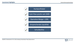 Unternehmenspräsentation
SendR SE I Stresemannstr. 375 I 22761 Hamburg I Deutschland I http://www.sendr.se
(Lizenzgeber) (Lizenznehmer)
trategie:
Zukauf von
namhaften
Lizenzkatalogen/
Marktteilnehmern
Investment Highlights
Hochprofitabel
Cash-flow positiv seit 2009
Operative Marge > 10%
Ansprechende Liquidität
Schuldenfrei
 