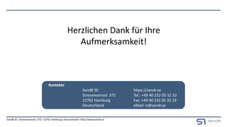 SendR SE I Stresemannstr. 375 I 22761 Hamburg I Deutschland I http://www.sendr.se
(Lizenzgeber) (Lizenznehmer)
trategie:
Zukauf von
namhaften
Lizenzkatalogen/
Marktteilnehmern
Kontakte
SendR SE https://sendr.se
Stresemannstr. 375 Tel.: +49 40 232 05 32 10
22761 Hamburg Fax: +49 40 232 05 32 19
Deutschland eMail: ir@sendr.se
Herzlichen Dank für Ihre
Aufmerksamkeit!
 