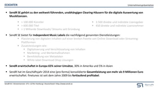 Unternehmenspräsentation
SendR SE I Stresemannstr. 375 I 22761 Hamburg I Deutschland I http://www.sendr.se
ECKDATEN
 SendR SE gehört zu den weltweit führenden, unabhängigen Clearing-Häusern für die digitale Auswertung von
Musiklizenzen.
 > 100.000 Künstler
 > 600.000 Titel
 > 1 Milliarde Downloads/ Streams seit Gründung
 SendR SE bietet für Independent Music Labels die nachfolgend genannten Dienstleistungen:
 Platzierung von digitalen Inhalten auf einer breiten Palette von Online-Download oder Streaming-
Plattformen
 Zusatzleistungen wie:
 Digitalisierung und Verschlüsselung von Inhalten
 Marketing- und Werbemaßnahmen
 Bereitstellung von Metadaten
 White-label Download-Shop Lösungen
 SendR erwirtschaftet in Europa 65% seiner Umsätze, 30% in Amerika und 5% in Asien
 SendR hat im Geschäftsjahr 2014 eine (pro-forma) konsolidierte Gesamtleistung von mehr als 9 Millionen Euro
erwirtschaftet. finetunes ist seit dem Jahre 2009 bis fortlaufend profitabel.
 3.500 direkte und indirekte Lizenzgeber
 450 direkte und indirekte Lizenznehmer
 