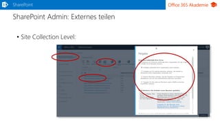 Office 365 Akademie
SharePoint Admin: Externes teilen
SharePoint
• Site Collection Level:
 