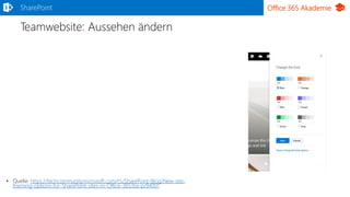 Office 365 Akademie
Teamwebsite: Aussehen ändern
• Quelle: https://techcommunity.microsoft.com/t5/SharePoint-Blog/New-site-
theming-options-for-SharePoint-sites-in-Office-365/ba-p/94001
SharePoint
 