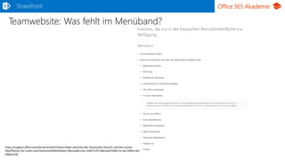 Office 365 AkademieSharePoint
Teamwebsite: Was fehlt im Menüband?
https://support.office.com/de-de/article/Unterschiede-zwischen-der-klassischen-Ansicht-und-den-neuen-
Oberflächen-für-Listen-und-Dokumentbibliotheken-30e1aab0-a5cc-4363-b7f2-09e2ae07d4dc?ui=de-DE&rs=de-
DE&ad=DE
 