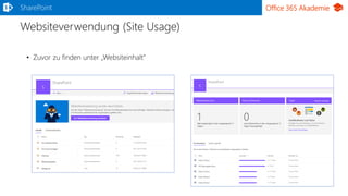 Office 365 Akademie
Websiteverwendung (Site Usage)
SharePoint
• Zuvor zu finden unter „Websiteinhalt“
 