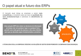 9
IDC CIO SUMMIT 2013
30 de Maio Hotel EPIC SANA - Luanda
O papel atual e futuro dos ERPs
O mercado atual obriga as empresas a serem mais
competitivas, a investirem cada vez mais na qualidade dos
seus produtos/serviços e sobretudo no atendimento ao
cliente.
BPM/BI/KPIs
ERP
CRM
Uma solução ERP deve dotar os decisores de informação
em tempo real, em qualquer lugar e a qualquer hora,
permitir uma visão geral da empresa e dos seus clientes,
para que as decisões sejam fundamentadas e proativas.
A TECNOLOGIA EVOLUI, AS EMPRESAS CRESCEM E AS SOLUÇÕES DE GESTÃO DEVEM PROMOVER E ACOMPANHAR ESSAS MUDANÇAS.
 