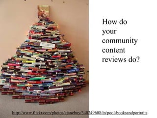 How do  your community contentreviews do?http://www.flickr.com/photos/cjanebuy/340249608/in/pool-booksandportraits