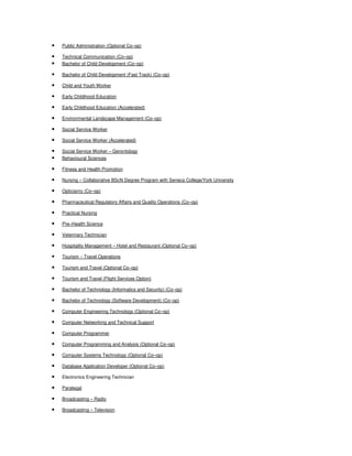 •

Public Administration (Optional Co–op)

•
•

Technical Communication (Co–op)
Bachelor of Child Development (Co–op)

•

Bachelor of Child Development (Fast Track) (Co–op)

•

Child and Youth Worker

•

Early Childhood Education

•

Early Childhood Education (Accelerated)

•

Environmental Landscape Management (Co–op)

•

Social Service Worker

•

Social Service Worker (Accelerated)

•
•

Social Service Worker – Gerontology

•

Fitness and Health Promotion

•

Nursing – Collaborative BScN Degree Program with Seneca College/York University

•

Opticianry (Co–op)

•

Pharmaceutical Regulatory Affairs and Quality Operations (Co–op)

•

Practical Nursing

•

Pre–Health Science

•

Veterinary Technician

•

Hospitality Management – Hotel and Restaurant (Optional Co–op)

•

Tourism – Travel Operations

•

Tourism and Travel (Optional Co–op)

•

Tourism and Travel (Flight Services Option)

•

Bachelor of Technology (Informatics and Security) (Co–op)

•

Bachelor of Technology (Software Development) (Co–op)

•

Computer Engineering Technology (Optional Co–op)

•

Computer Networking and Technical Support

•

Computer Programmer

•

Computer Programming and Analysis (Optional Co–op)

•

Computer Systems Technology (Optional Co–op)

•

Database Application Developer (Optional Co–op)

•

Electronics Engineering Technician

•

Paralegal

•

Broadcasting – Radio

•

Broadcasting – Television

Behavioural Sciences

 
