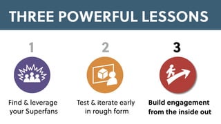 Build engagement
from the inside out
Test & iterate early
in rough form
Find & leverage
your Superfans
THREE POWERFUL LESSONS
1 2 3
 