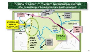 LOCATION OF BRIDGE “C” COMPARED TO PROPOSED M-83 ROUTE 
After the confluence of Dayspring Creek and Great Seneca Creek 
22 
WHERE M-83 
IMPACTS 
FLOODPLAIN STREAM 
BRIDGE 
“C” 
GREAT 
SENECA 
CREEK 
NORTH CREEK 
GREAT 
SENECA 
STREAM 
VALLEY 
PARK 
BRANDERMILL 
RUN 
FLOW 
GREAT 
SENECA 
CREEK 
ROUTE 
118 
WATKINS 
MILL 
ROAD 
 
