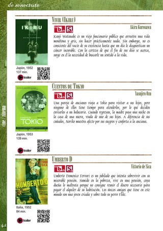 cine/zinema
42
de senectute
VIVIR (IKIRU)
AkiraKurosawa
Kanji Watanabe es un viejo funcionario público que arrastra una vida
monótona y gris, sin hacer prácticamente nada. Sin embargo, no es
consciente del vacío de su existencia hasta que un día le diagnostican un
cáncer incurable. Con la certeza de que el fin de sus días se acerca,
surge en él la necesidad de buscarle un sentido a la vida.
CUENTOS DE TOKYO
YasujiroOzu
Una pareja de ancianos viaja a Tokio para visitar a sus hijos, pero
ninguno de ellos tiene tiempo para atenderlos, por lo que deciden
enviarlos a un balneario. Cuando regresan, la madre pasa una noche en
la casa de una nuera, viuda de uno de sus hijos. A diferencia de sus
cuñados, Noriko muestra afecto por sus suegros y conforta a la anciana.
UMBERTO D
VittoriodeSica
Umberto Domenico Ferrari es un jubilado que intenta sobrevivir con su
miserable pensión. Sumido en la pobreza, vive en una pensión, cuya
dueña lo maltrata porque no consigue reunir el dinero necesario para
pagar el alquiler de su habitación. Los únicos amigos que tiene en este
mundo son una joven criada y sobre todo su perro Flike.
Japón, 1952
137 min.
Japón, 1953
139 min.
Italia, 1952
84 min.
 