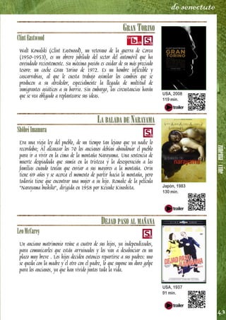 zinema/cine
43
de senectute
GRAN TORINO
ClintEastwood
Walt Kowalski (Clint Eastwood), un veterano de la guerra de Corea
(1950-1953), es un obrero jubilado del sector del automóvil que ha
enviudado recientemente. Su máxima pasión es cuidar de su más preciado
tesoro: un coche Gran Torino de 1972. Es un hombre inflexible y
cascarrabias, al que le cuesta trabajo asimilar los cambios que se
producen a su alrededor, especialmente la llegada de multitud de
inmigrantes asiáticos a su barrio. Sin embargo, las circustancias harán
que se vea obligado a replantearse sus ideas.
LA BALADA DE NARAYAMA
ShôheiImamura
Era una vieja ley del pueblo, de un tiempo tan lejano que ya nadie lo
recordaba; Al alcanzar los 70 los ancianos debían abandonar el pueblo
para ir a vivir en la cima de la montaña Narayama. Una sentencia de
muerte despiadada que sumía en la tristeza y la desesperación a las
familias cuando tenían que enviar a sus mayores a la montaña. Orin
tiene 69 años y se acerca el momento de partir hacia la montaña, pero
todavía tiene que encontrar una mujer a su hijo. Remake de la película
"Narayama bushiko", dirigida en 1958 por Keisuke Kinoshita.
DEJAD PASO AL MAÑANA
LeoMcCarey
Un anciano matrimonio reúne a cuatro de sus hijos, ya independizados,
para comunicarles que están arruinados y los van a desahuciar en un
plazo muy breve . Los hijos deciden entonces repartirse a sus padres: uno
se queda con la madre y el otro con el padre, lo que supone un duro golpe
para los ancianos, ya que han vivido juntos toda la vida.
USA, 2008
119 min.
Japón, 1983
130 min.
USA, 1937
91 min.
 
