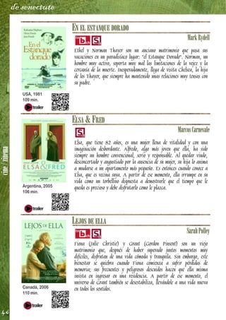 cine/zinema
46
de senectute
EN EL ESTANQUE DORADO
MarkRydell
Ethel y Norman Thayer son un anciano matrimonio que pasa sus
vacaciones en un paradisíaco lugar: "el Estanque Dorado". Norman, un
hombre muy activo, soporta muy mal las limitaciones de la vejez y la
cercanía de la muerte. Inesperadamente, llega de visita Chelsea, la hija
de los Thayer, que siempre ha mantenido unas relaciones muy tensas con
su padre.
ELSA & FRED
MarcosCarnevale
Elsa, que tiene 82 años, es una mujer llena de vitalidad y con una
imaginación desbordante. Alfredo, algo más joven que ella, ha sido
siempre un hombre convencional, serio y responsable. Al quedar viudo,
desconcertado y angustiado por la ausencia de su mujer, su hija lo anima
a mudarse a un apartamento más pequeño. Es entonces cuando conoce a
Elsa, que es vecina suya. A partir de ese momento, ella irrumpe en su
vida como un torbellino dispuesta a demostrarle que el tiempo que le
queda es precioso y debe disfrutarlo como le plazca.
LEJOS DE ELLA
SarahPolley
Fiona (Julie Christie) y Grant (Gordon Pinsent) son un viejo
matrimonio que, después de haber superado juntos momentos muy
difíciles, disfrutan de una vida cómoda y tranquila. Sin embargo, este
bienestar se quiebra cuando Fiona comienza a sufrir pérdidas de
memoria; sus frecuentes y peligrosos descuidos hacen que ella misma
insista en ingresar en una residencia. A partir de ese momento, el
universo de Grant también se desestabiliza, llevándole a una vida nueva
en todos los sentidos.
USA, 1981
109 min.
Argentina, 2005
106 min.
Canadá, 2006
110 min.
 