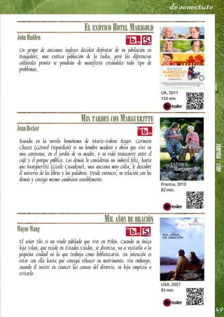 zinema/cine
49
de senectute
EL EXÓTICO HOTEL MARIGOLD
JohnMadden
Un grupo de ancianos ingleses deciden disfrutar de su jubilación en
Bangalore, una exótica población de la India, pero las diferencias
culturales pronto se pondrán de manifiesto creándoles todo tipo de
problemas.
MIS TARDES CON MARGUERITTE
JeanBecker
Basada en la novela homónima de Marie-Sabine Roger. Germain
Chazes (Gérard Depardieu) es un hombre maduro y obeso que vive en
una caravana, en el jardín de su madre, y su vida transcurre entre el
café y el parque público. Los demás lo consideran un imbécil feliz, hasta
que Margueritte (Gisèle Casadesus), una anciana muy culta, le descubre
el universo de los libros y las palabras. Desde entonces, su relación con los
demás y consigo mismo cambiará sensiblemente.
MIL AÑOS DE ORACIÓN
WayneWang
El señor Shi es un viudo jubilado que vive en Pekín. Cuando su única
hija Yilan, que reside en Estados Unidos, se divorcia, va a visitarla a la
pequeña ciudad en la que trabaja como bibliotecaria. Su intención es
estar con ella hasta que consiga rehacer su matrimonio. Sin embargo,
cuando él insiste en conocer las causas del divorcio, su hija empieza a
evitarlo.
UK, 2011
124 min.
Francia, 2010
82 min.
USA, 2007
83 min.
 