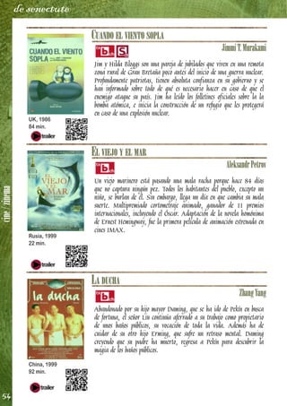 cine/zinema
54
de senectute
CUANDO EL VIENTO SOPLA
JimmiT.Murakami
Jim y Hilda Bloggs son una pareja de jubilados que viven en una remota
zona rural de Gran Bretaña poco antes del inicio de una guerra nuclear.
Profundamente patriotas, tienen absoluta confianza en su gobierno y se
han informado sobre todo de qué es necesario hacer en caso de que el
enemigo ataque su país. Jim ha leído los folletines oficiales sobre la la
bomba atómica, e inicia la construcción de un refugio que les protegerá
en caso de una explosión nuclear.
EL VIEJO Y EL MAR
AleksandrPetrov
Un viejo marinero está pasando una mala racha porque hace 84 días
que no captura ningún pez. Todos los habitantes del pueblo, excepto un
niño, se burlan de él. Sin embargo, llega un día en que cambia su mala
suerte. Multipremiado cortometraje animado, ganador de 11 premios
internacionales, incluyendo el Óscar. Adaptación de la novela homónima
de Ernest Hemingway, fue la primera película de animación estrenada en
cines IMAX.
LA DUCHA
ZhangYang
Abandonado por su hijo mayor Daming, que se ha ido de Pekín en busca
de fortuna, el señor Liu continúa aferrado a su trabajo como propietario
de unos baños públicos, su vocación de toda la vida. Además ha de
cuidar de su otro hijo Erming, que sufre un retraso mental. Daming
creyendo que su padre ha muerto, regresa a Pekín para descubrir la
magia de los baños públicos.
UK, 1986
84 min.
Rusia, 1999
22 min.
China, 1999
92 min.
 