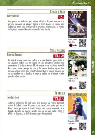 zinema/cine
55
de senectute
GINGER Y FRED
FedericoFellini
Una pareja de bailarines que habían saltado a la fama gracias a su
perfecta imitación de Ginger Rogers y Fred Astaire se reúnen años
después en Roma para aparecer en un programa de televisión. El regreso
de la pareja resultará bastante traumático para los dos.
STILL WALKING
Kore-edaHirokazu
Un día de verano, unos hijos vuelven a la casa familiar para visitar a
sus ancianos padres. Los dos llegan con sus respectivas familias para
conmemorar la trágica muerte del hijo mayor en un accidente ocurrido
hace quince años. Aunque la casa y la comida familiar apenas han
variado, el paso de los años permite observar ligeros cambios en cada uno
de los miembros de la familia: el amor se mezcla con el rencor y todos
guardan algún secreto.
EL ABUELO
JoséLuisGarci
Asturias, principios del siglo XX. Don Rodrigo de Arista Potestad,
Conde de Albrit, Señor de Jerusa y de Polán, creía saber qué era el
honor. Hasta que regresó de América viejo, casi ciego y arruinado. A su
llegada descubre un amargo secreto: una de sus dos nietas -Nelly y
Dolly- es ilegítima, no lleva la noble sangre de su familia.
Italia, 1985
127 min.
Japón, 2008
108 min.
España, 1998
140 min.
 