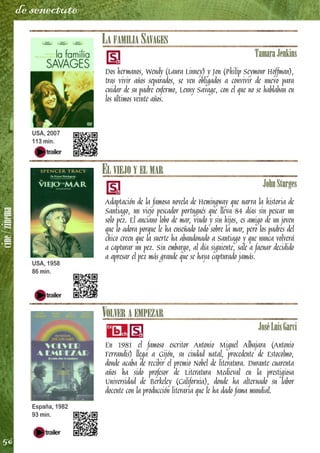cine/zinema
56
de senectute
LA FAMILIA SAVAGES
TamaraJenkins
Dos hermanos, Wendy (Laura Linney) y Jon (Philip Seymour Hoffman),
tras vivir años separados, se ven obligados a convivir de nuevo para
cuidar de su padre enfermo, Lenny Savage, con el que no se hablaban en
los últimos veinte años.
EL VIEJO Y EL MAR
JohnSturges
Adaptación de la famosa novela de Hemingway que narra la historia de
Santiago, un viejo pescador portugués que lleva 84 días sin pescar un
solo pez. El anciano lobo de mar, viudo y sin hijos, es amigo de un joven
que lo adora porque le ha enseñado todo sobre la mar, pero los padres del
chico creen que la suerte ha abandonado a Santiago y que nunca volverá
a capturar un pez. Sin embargo, al día siguiente, sale a faenar decidido
a apresar el pez más grande que se haya capturado jamás.
VOLVER A EMPEZAR
JoséLuisGarci
En 1981 el famoso escritor Antonio Miguel Albajara (Antonio
Ferrandis) llega a Gijón, su ciudad natal, procedente de Estocolmo,
donde acaba de recibir el premio Nobel de literatura. Durante cuarenta
años ha sido profesor de Literatura Medieval en la prestigiosa
Universidad de Berkeley (California), donde ha alternado su labor
docente con la producción literaria que le ha dado fama mundial.
USA, 2007
113 min.
USA, 1958
86 min.
España, 1982
93 min.
 