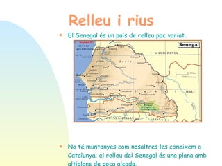 Relleu i rius El Senegal és un país de relleu poc variat. No té muntanyes com nosaltres les coneixem a Catalunya; e l relleu del Senegal és una plana amb altiplans de poca alçada.   Les altituds són sempre inferiors als 130m. 